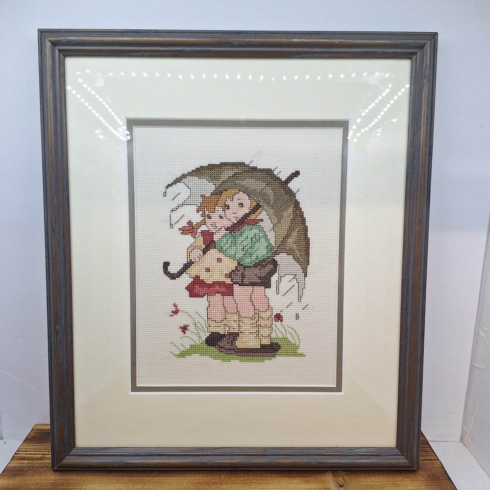 Vtg Finished Needlepoint GIRL BOY UMBRELLA Folk‎ Art Sampler Embroidery Framed